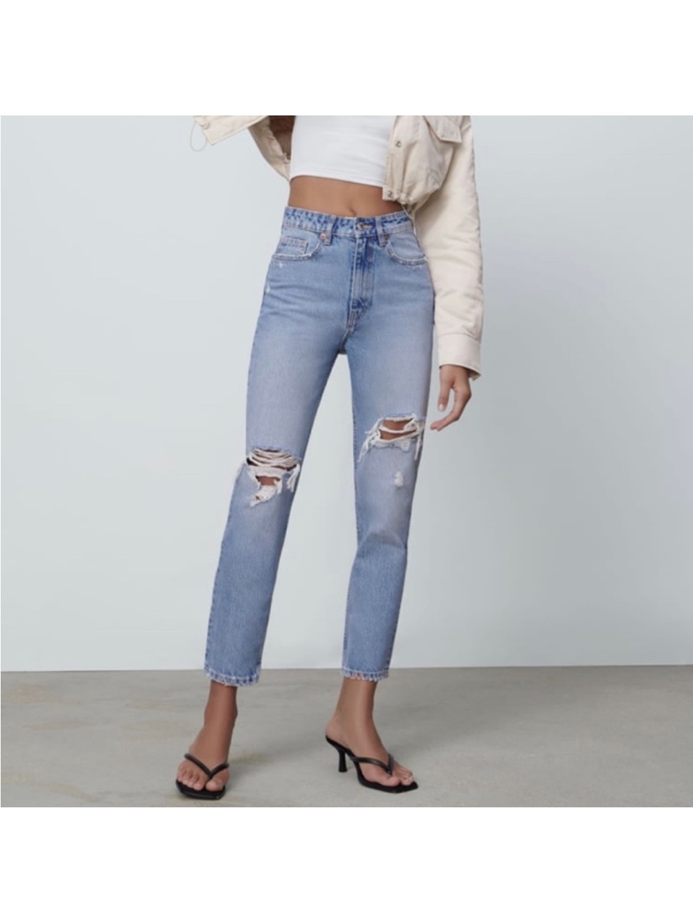 Zara Women’s Straight Leg Jeans Size 6, High Rise Distressed Denim